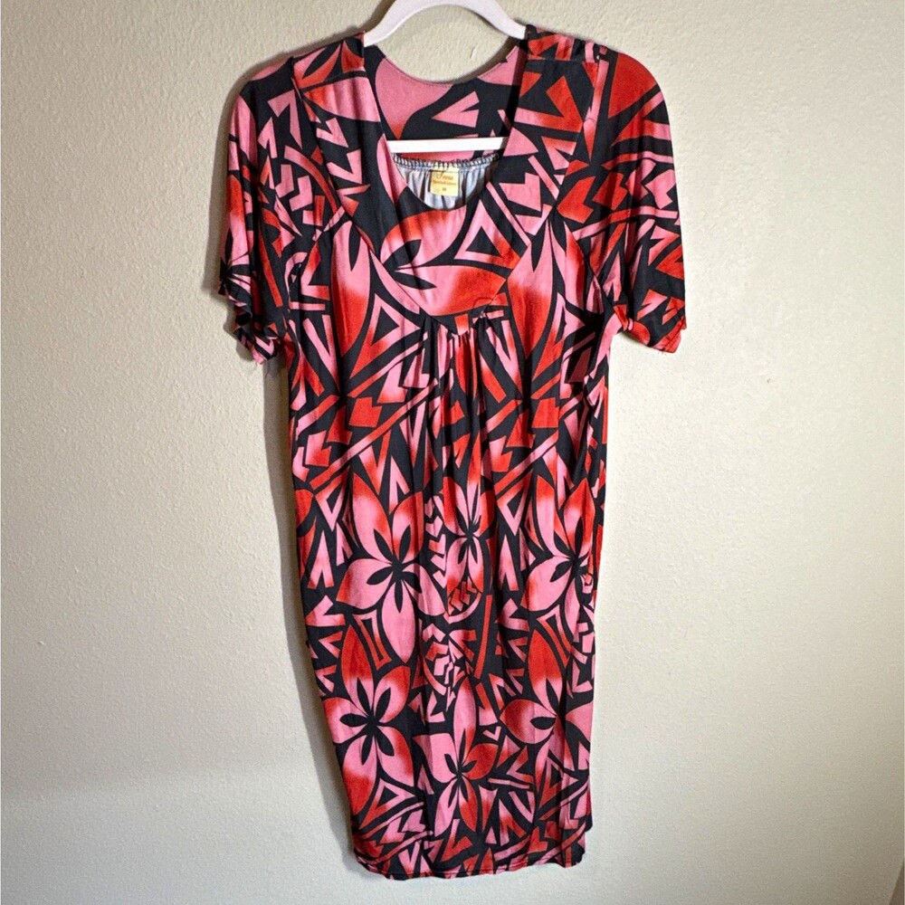 Irene Marshall Island Women’s Shift Dress Size M Pink Black Orange Floral V-Neck